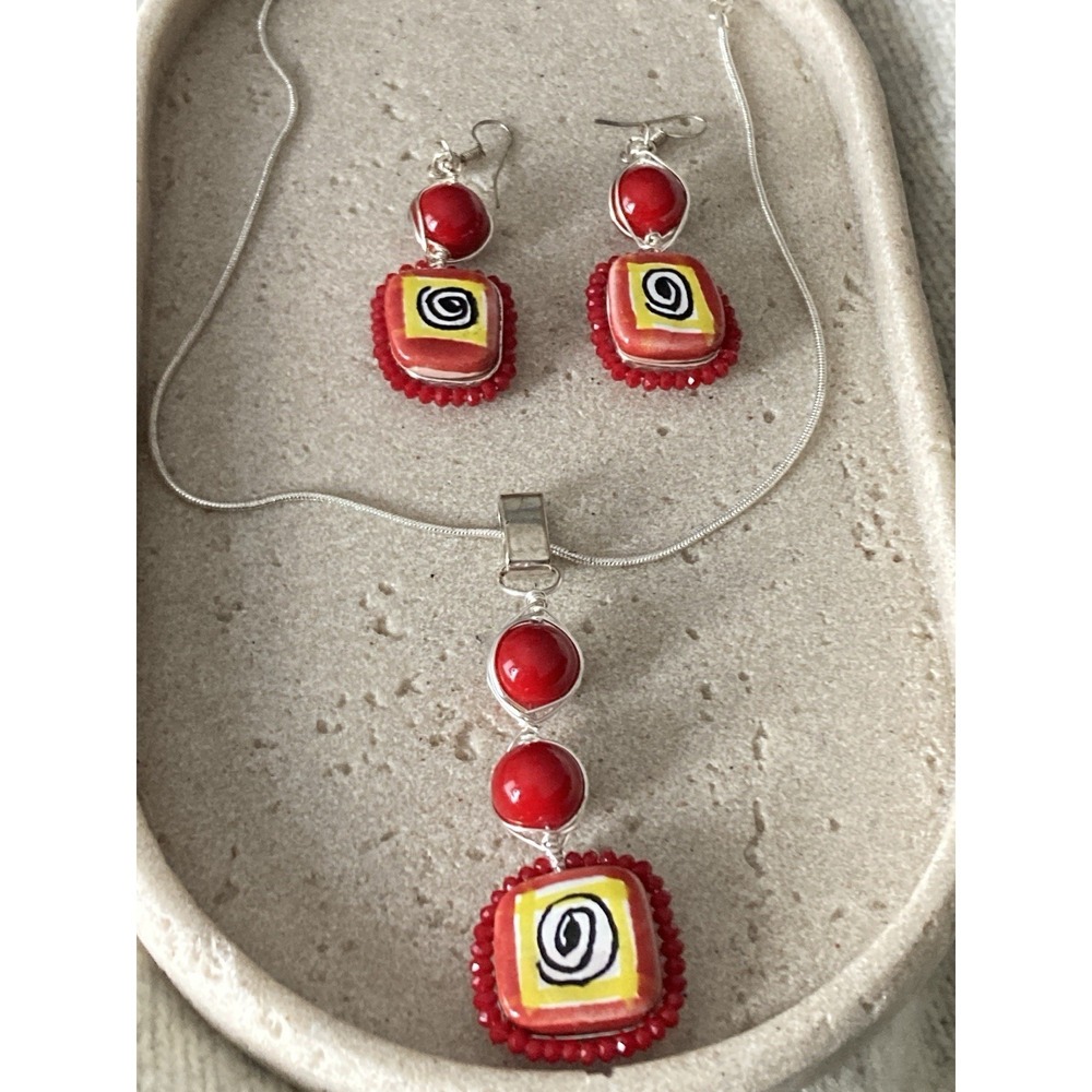 Red Abstract Pendant Necklace‎ & Earrings Set Silver Tone Spiral Design Artsy